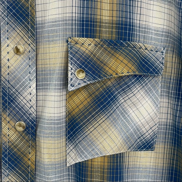 Wrangler Western Shirt Long Sleeve Button Up Pearl Snaps Blue Tan Plaid | Large - Picture 10 of 14